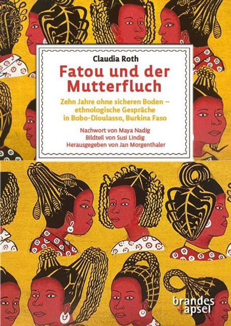 Text: "Fatou und der Mutterfluch" von Claudia Roth. Illustration: Frauen mit aufwendigen Frisuren auf gelbem Hintergrund.