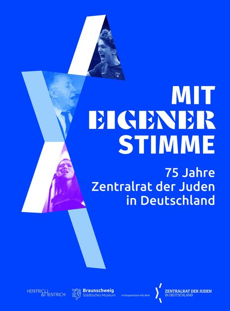 "MIT EIGENER STIMME. 75 Jahre Zentralrat der Juden in Deutschland." Collage von Menschen in einem blauen Design.