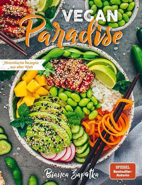 "VEGAN Paradise" in großer Schrift, "Himmlische Rezepte aus aller Welt". Darunter bunte, reichhaltige Poké-Bowls mit Gemüse.