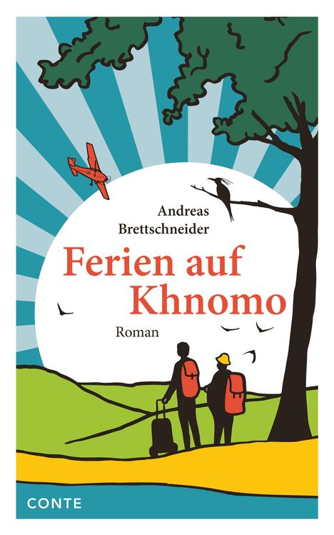 „Ferien auf Khnomo“: Zwei Menschen mit Koffern und Rucksäcken unter einem Baum. Ein rotes Flugzeug fliegt am Himmel.