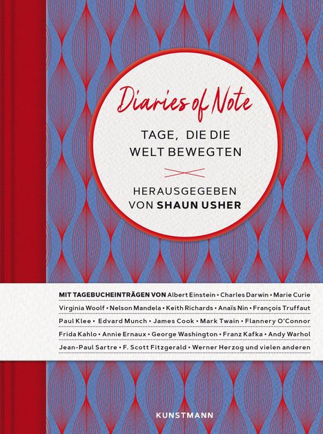 Titel "Diaries of Note", Tage, die die Welt bewegten. Herausgegeben von Shaun Usher. Rotes und blaues, gemustertes Design.