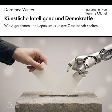 Text: "Künstliche Intelligenz und Demokratie". Eine menschliche und eine Roboterhand halten Stimmzettel über einer Wahlurne.