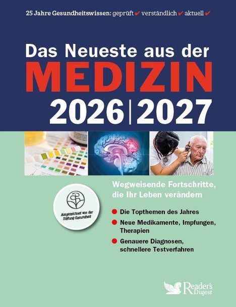"Das Neueste aus der MEDIZIN 2026 | 2027. Wegweisende Fortschritte. Bilder: Farbschema, Gehirn, Arzt untersucht älteren Mann."