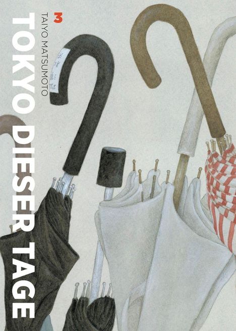 "Tokyo Dieser Tage", "Taiyo Matsumoto", Nummer 3. Illustration von verschiedenen Regenschirmen in gedeckten Farben.