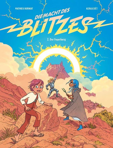 „Die Macht des Blitzes“, „2. Der Feuerberg“. Eine Illustration: Drei Personen in hügeliger Landschaft, ein Ritter kämpft.