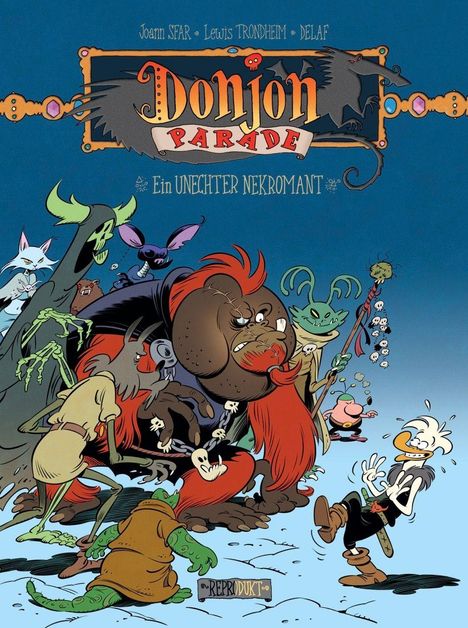 "Donjon Parade: Ein unechter Nekromant." Cartoonfiguren einschließlich eines großen, roten Charakters und eines Entenwesens.