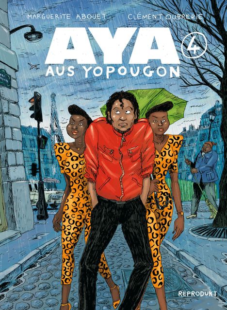 "Aya aus Yopougon 4", Personen in bunter Kleidung, Stadtszene mit Regen, Eiffelturm im Hintergrund.