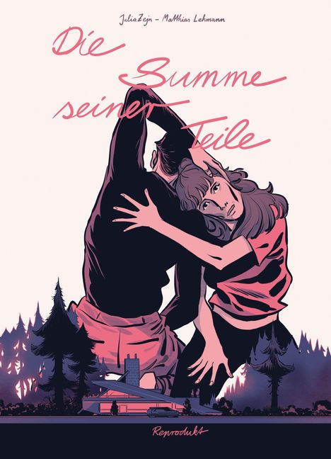 "Die Summe seiner Teile", Illustration eines Paares in inniger Umarmung vor einem Haus und Bäumen im Hintergrund.