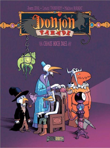 „Donjon Parade: Chaos hoch drei“. Vier bunte Figuren, fantasievolle Kleidung, einschließlich eines Adlers und eines Lichts.