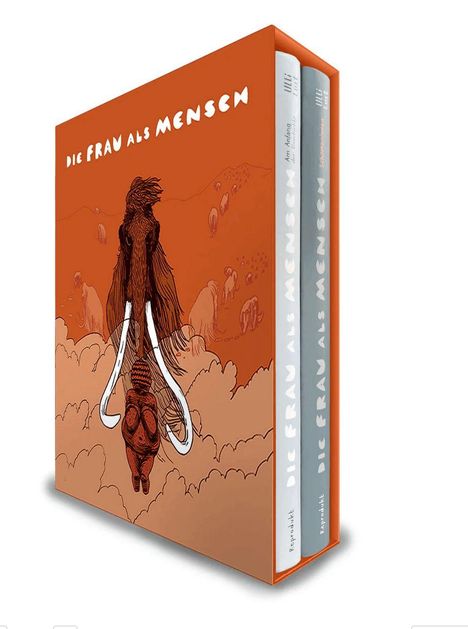 „DIE FRAU ALS MENSCH“. Illustrierter Schuber mit einem Mammut und Frauenfigur vor einer prähistorischen Landschaft.
