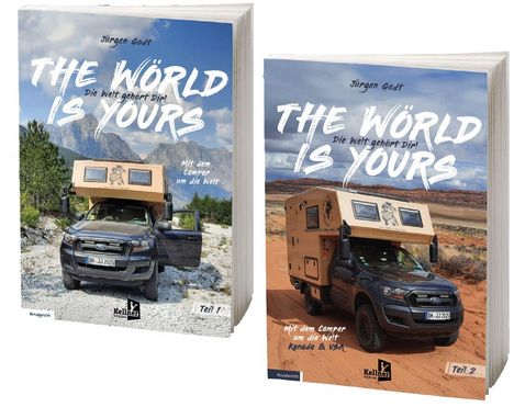 Links: "The World Is Yours", "Jürgen Goct", "Teil 1". Rechts: "Teil 2", "Kanada & USA". Zwei Camper in Landschaften.