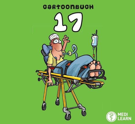 "cartoonbuch 17". Illustration eines fröhlichen Patienten auf einer Trage, mit Infusion, auf grünem Hintergrund.