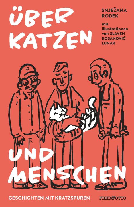 „Über Katzen und Menschen: Geschichten mit Kratzspuren“ und drei gezeichnete Figuren, eine hält eine Katze.
