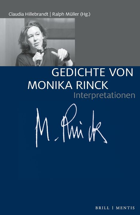 "Claudia Hillebrandt | Ralph Müller (Hg.). GEDICHTE VON MONIKA RINCK Interpretationen." Eine redende Frau mit Mikrofon.