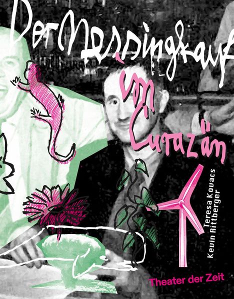 "Der Messingkäfer von Curaçao" in weiß und pink, dazu gezeichnete Tiere und Pflanzen, "Theater der Zeit".