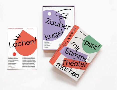 Lachen! Zauber Kugel. psst! mit Stimme Theater machen. Bunte grafische Gestaltung mit geometrischen Formen und Schrift.