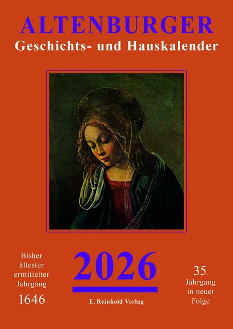 "ALTENBURGER Geschichts- und Hauskalender 2026. Illustration einer Frau mit gesenktem Kopf, in historischem Stil."