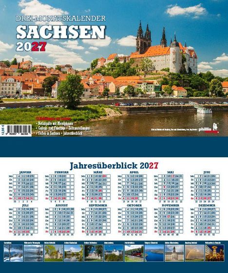 DREI-MONATSKALENDER SACHSEN 2027. Jahresüberblick 2027. Foto von Meißen mit Albrechtsburg und Dom im Hintergrund.