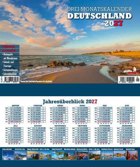 DREI-MONATSKALENDER DEUTSCHLAND 2027, Jahresüberblick 2027. Strandbild mit Meer und blauem Himmel.