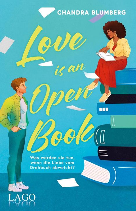 "Love is an Open Book" in gelber Schrift, Frau sitzt auf Büchern, Mann steht daneben, Pastellfarben, Illustration.