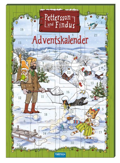 "Pettersson und Findus Adventskalender" steht oben. Illustration: Winterlandschaft mit Pettersson, Findus und Tieren.