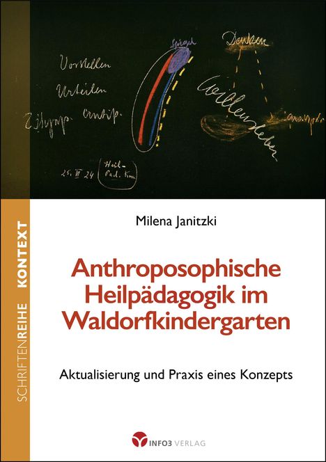 Buchtitel: „Anthroposophische Heilpädagogik im Waldorfkindergarten“. Ein Tafelbild mit Schrift und Diagrammen.