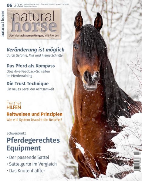 Titel: "natural horse". Themen: Veränderung durch kleine Schritte, Pferd als Kompass, Trust Technique, pferdegerechtes Equipment. Vor winterlicher Kulisse steht ein Pferd.