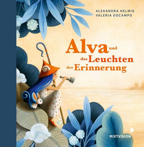 Alva und das Leuchten der Erinnerung. Illustration eines Mädchens mit Fernrohr, blauen Blättern und einem orangefarbenen Hut.