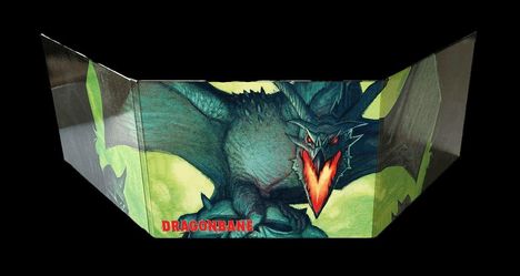 Links steht der Text DRAGONBANE in Rot. Illustration eines feuerspeienden Drachens mit roten Augen.