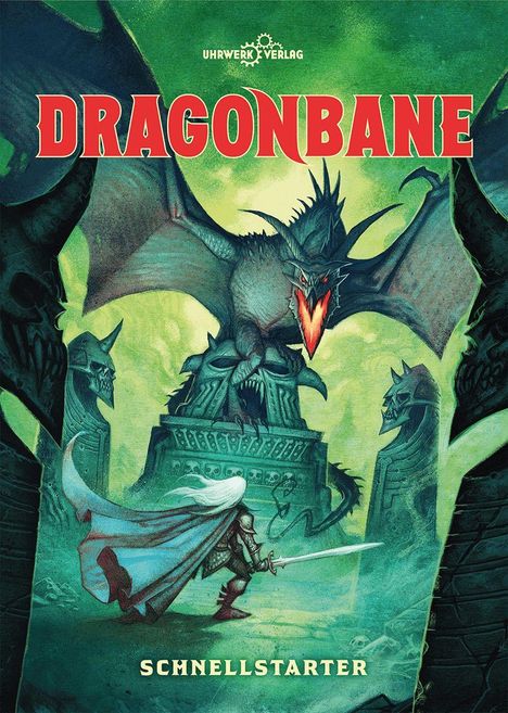 "DRAGONBANE" und "SCHNELLSTARTER" sind in großen Buchstaben zu sehen, mit einem Drachen über einem Krieger auf einem Altar.