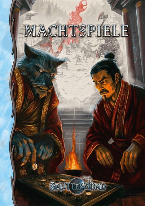 „Machtspiele“ steht oben, „Splittermond“ unten. Zwei Figuren in roten Gewändern spielen ein Brettspiel; eine hat ein Wolfsantlitz.