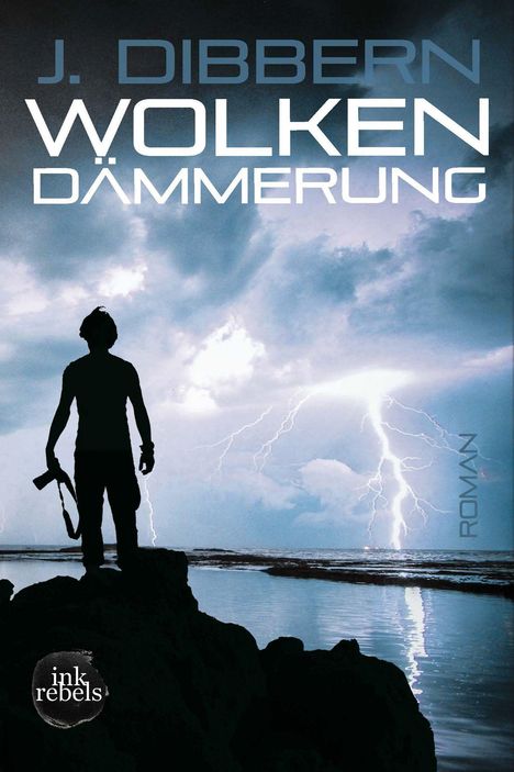 Titel: "WOLKEN DÄMMERUNG", Autor: "J. DIBBERN", markante Silhouette vor stürmischem Himmel und Blitz.