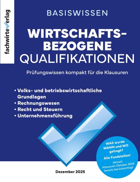 Text: "Basiswissen Wirtschaftsbezogene Qualifikationen. Prüfungskomprimiert. Dezember 2025." Großes Häkchen-Design.