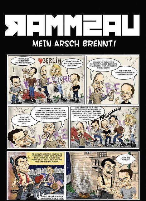 Logo-Text: RAMMZAU. Darunter Text: MEIN ARSCH BRENNT!  
Comic: Personen sprechen über die Suche nach einem Sänger. Humorvolle Dialoge und Szenen.