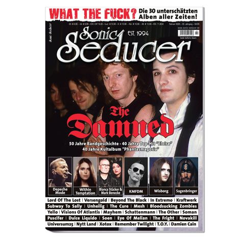 "Sonic Seducer" oben mit "The Damned" in roter Schrift darunter. Fotos von Bandmitgliedern und anderen Künstlern.