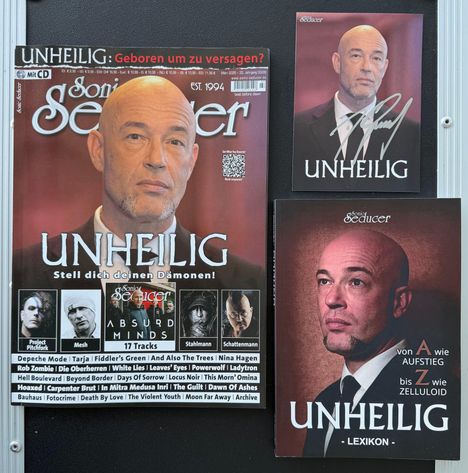 Texte: "UNHEILIG: Geboren um zu versagen?", "Stell dich deinen Dämonen!", "UNHEILIG LEXIKON von A wie AUFSTIEG bis Z wie ZELLULOID".