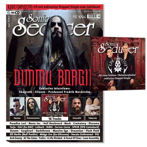 Texte: Sonic Seducer, Dimmu Borgir, exklusive Interviews, 16 Tracks. Cover mit einem Mann in dunkler Kleidung und Gesichts-Make-up.