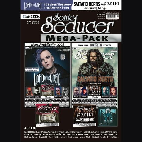 "Sonic Seducer Mega-Pack" mit zwei CDs. Enthält "Wave-Gotik-Treffen 2025", exklusive Songs; Lord of the Lost, Saltatio Mortis.