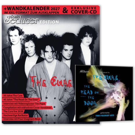 Wandkalender 2027, The Cure, 50 Jahre, Interview, exklusive Cover-CD, schwarz-weißes Bandfoto, farbenfrohes CD-Cover.