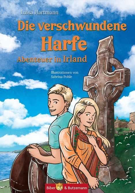 „Die verschwundene Harfe: Abenteuer in Irland“ von Luisa Hartmann. Zwei Personen mit Harfe vor keltischem Kreuz.