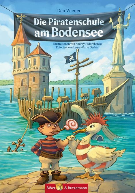 "Die Piratenschule am Bodensee" von Dan Wiener. Ein kleiner Pirat mit Pfeife steht mit einem Huhn am Wasser.