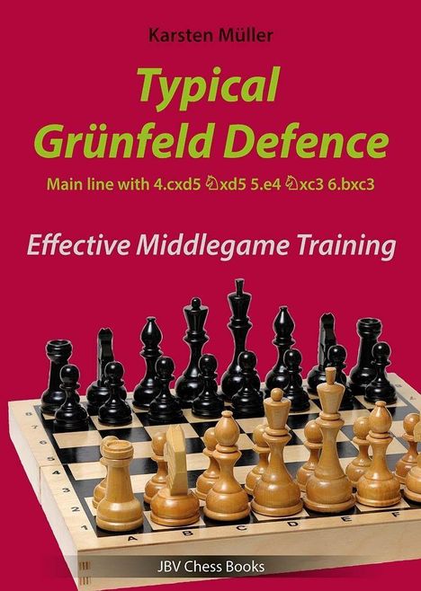 Buchtitel: "Typical Grünfeld Defence". Text: "Effective Middlegame Training". Schachbrett mit Figuren, roter Hintergrund.