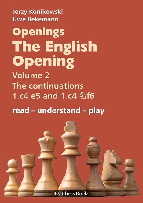„Openings The English Opening Volume 2“ von Konikowski und Bekemann, Schachfiguren vor rotem Hintergrund.