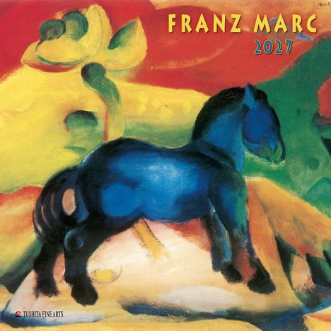 FRANZ MARC 2027. Illustration eines blauen Pferdes vor buntem, abstraktem Hintergrund.