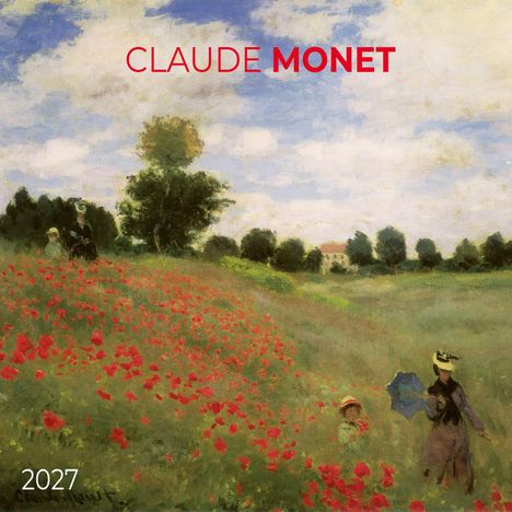 Text oben: "CLAUDE MONET". Unten links: "2027". Eine impressionistische Landschaft mit rotem Blumenfeld und Personen.