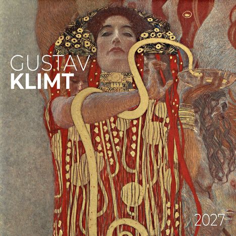 Text: "GUSTAV KLIMT" und "2027". Illustration: Eine Frau in roten und goldenen Tönen mit dekorativen Mustern.