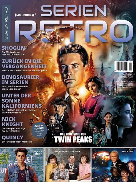 Titel: "SERIEN RETRO". Themen: "Shogun", "Zurück in die Vergangenheit", "Dinosaurier in Serien", "Das Geheimnis von Twin Peaks". Darunter Bilder von Serienfiguren.