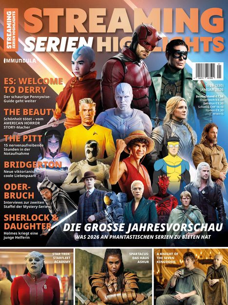 "Streaming Serien Highlights", "ES: Welcome to Derry", "THE BEAUTY", "THE PITT", bunte Charaktercollage.