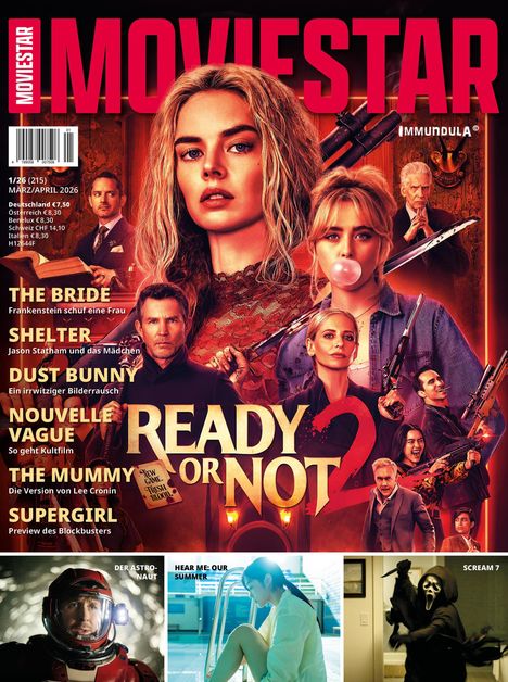 MOVIESTAR Titel, März/April 2026. Artikel über "The Bride", "Shelter", "Dust Bunny", "Nouvelle Vague", "The Mummy".