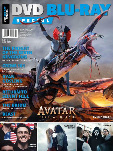 Texte: "DVD BLU-RAY SPECIAL", "THE KNIGHT OF THE SEVEN KINGDOMS", "CRIME 101", "RYAN GOSLING", "RETURN TO SILENT HILL".

Ein blauer humanoider Charakter auf einem fliegenden Tier mit rotem Kopf, Vulkanen im Hintergrund. Unten Bilder dreier Filme.